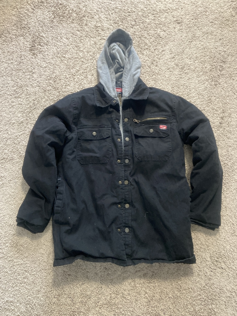 Wrangler Workwear Jacket Mens Small Black Canvas Hooded Insulated Lined Parka